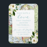 Vintage Blommigt Kärlek Travels Bröllop Magnet<br><div class="desc">Charming Blue and grönt vintage karta med vita boho-blommor och en romantisk "kärlek reser runt i världen"-citat på en kylskåp som fungerar som ett målbröllop eller resetema, förutom datum eller bröllopsförmån, perfekt för ett par som har rest runt tillsammans för att arbeta eller för roligt, har en bröllop utomlands eller...</div>