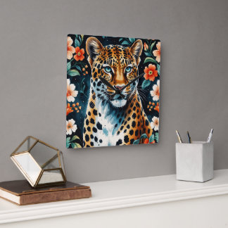 Vintage blommigt leopard fyrkantig klocka