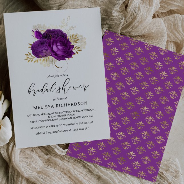 Vintage Blommigt Lila Guld Damask Möhippa Inbjudningar (Skapare uppladdad)