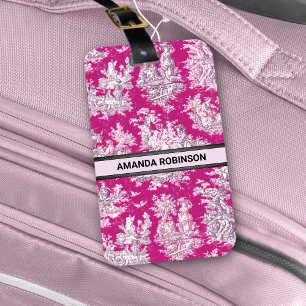 Vintage blommigt magenta rosa toile de jouy monogr bagagebricka