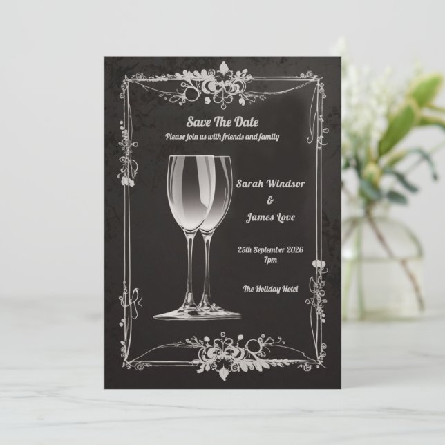 Vintage Blommigt med Silver Champagne Toast Inbjudningar (Stående Fram)