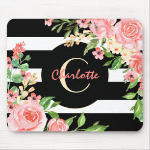 Vintage Blommigt Monogram Black White Stripe Anpas Musmatta