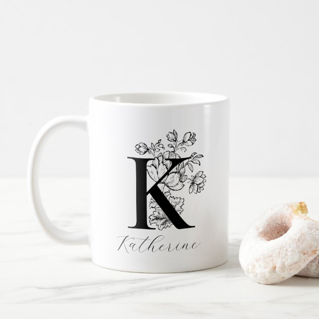 Vintage Blommigt Monogram Brev K Namn Kaffe Mugg (Med munk)