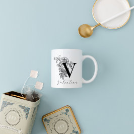Vintage Blommigt Monogram Brev V Namn Kaffe Mugg
