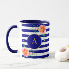 Vintage Blommigt Monogram marin vit stripe Guld Mugg