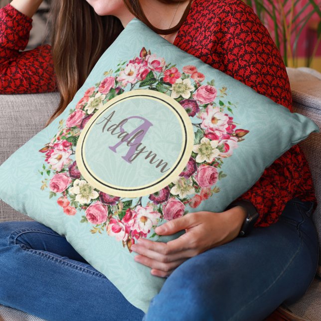 Vintage Blommigt Monogram Text Grönt Ring Anpassni Kudde (Skapare uppladdad)