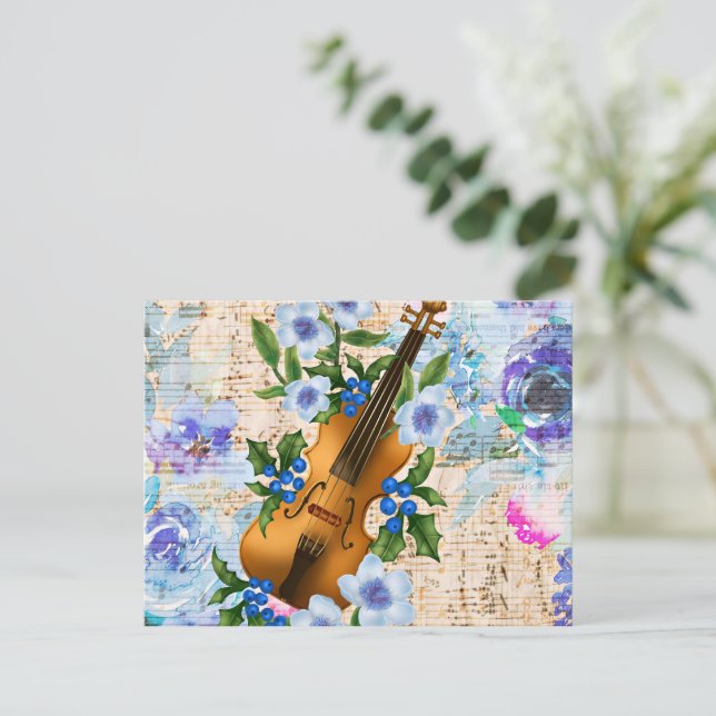 Vintage Blommigt Music Violin Vykort (Stående Fram)