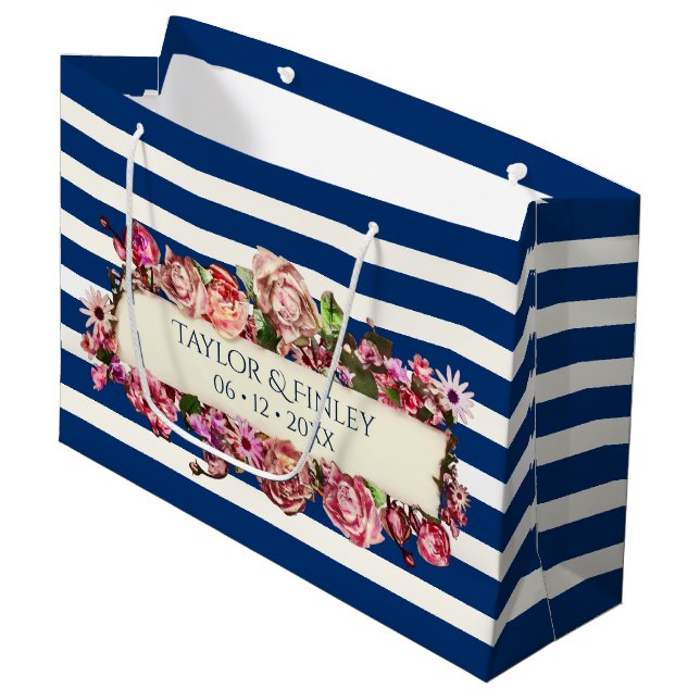 Vintage Blommigt Nautical Navy Blue Rand Bröllop (Framsidan Vinklad)