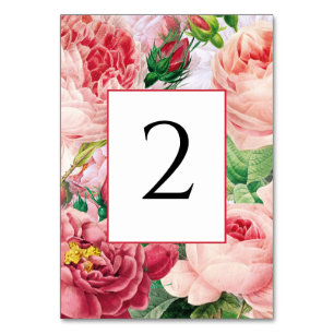 Vintage Blommigt och Botaniskt Rosa ros Bröllop Bordsnummer