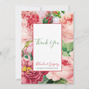 Vintage Blommigt och Botaniskt Rosa ros Bröllop Tack Kort