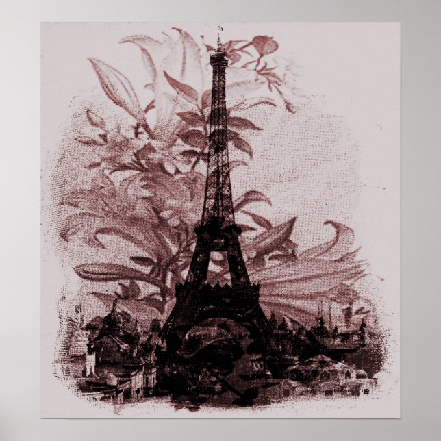 Vintage Blommigt Paris Eiffel Torn Poster (Framsidan)
