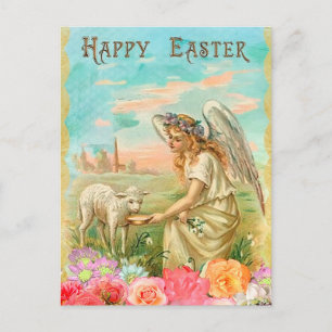 Vintage Blommigt Påsk Lamb och Angel Helg Vykort