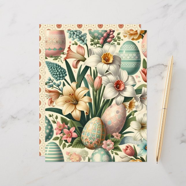 Vintage Blommigt Påsk-skrapbok Papper (Fram/Back In Situ)