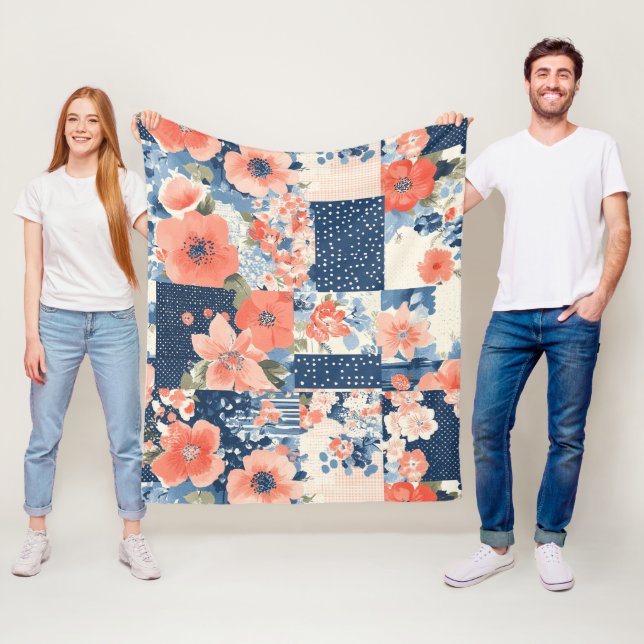 Vintage Blommigt Patchwork Mönster (11) Fleecefilt (På plats)