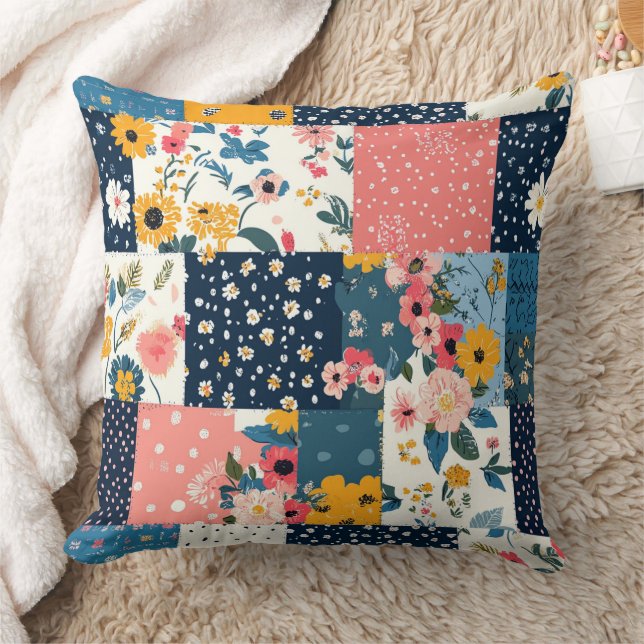 Vintage Blommigt Patchwork Mönster (4) Kudde (Filt)