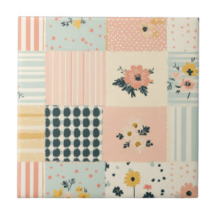 Vintage Blommigt Patchwork Mönster - Pastel (12) Kakelplatta