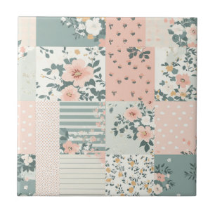 Vintage Blommigt Patchwork Mönster - Pastel (1) Kakelplatta