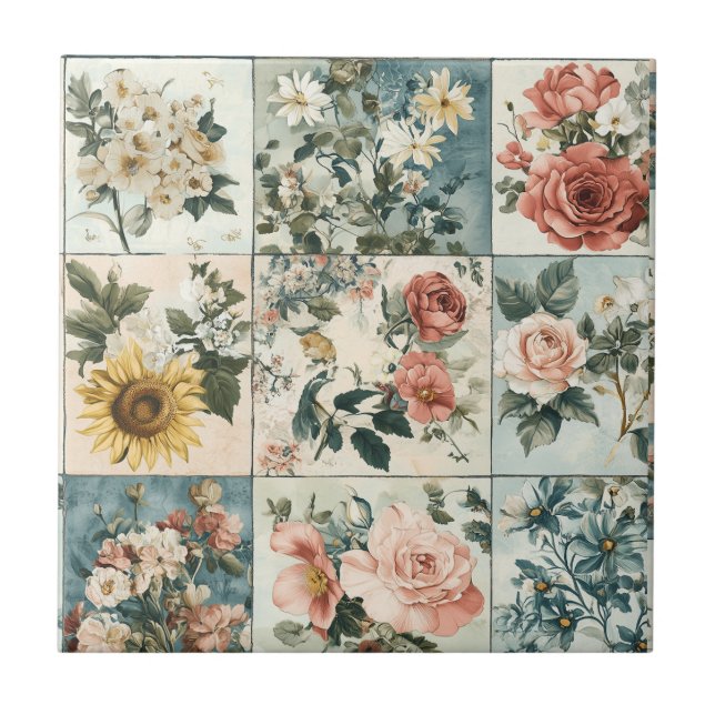 Vintage Blommigt Patchwork Stil Design Kakelplatta (Framsidan)