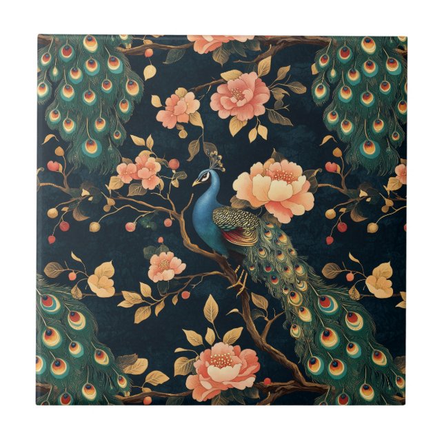 Vintage Blommigt Peacock Mönster Kakelplatta (Framsidan)