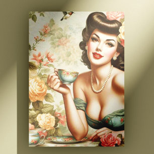 Vintage Blommigt Pin Up Vykort