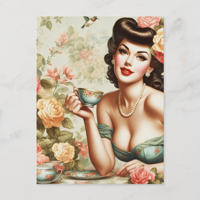 Vintage Blommigt Pin Up Vykort (Framsida)