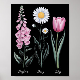 Vintage Blommigt Plant Foxglove Daisy Tulip Flower Poster