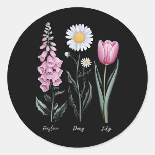 Vintage Blommigt Plant Foxglove Daisy Tulip Flower Runt Klistermärke