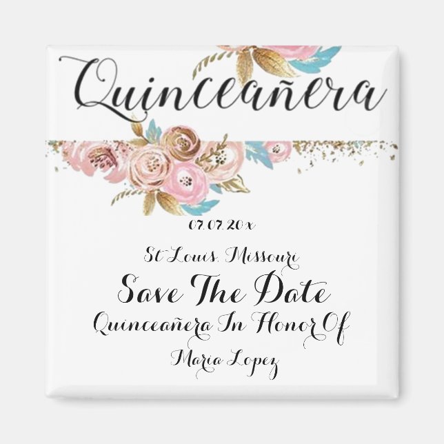 Vintage Blommigt Quinceanera Spara datum magneter (Framsidan)
