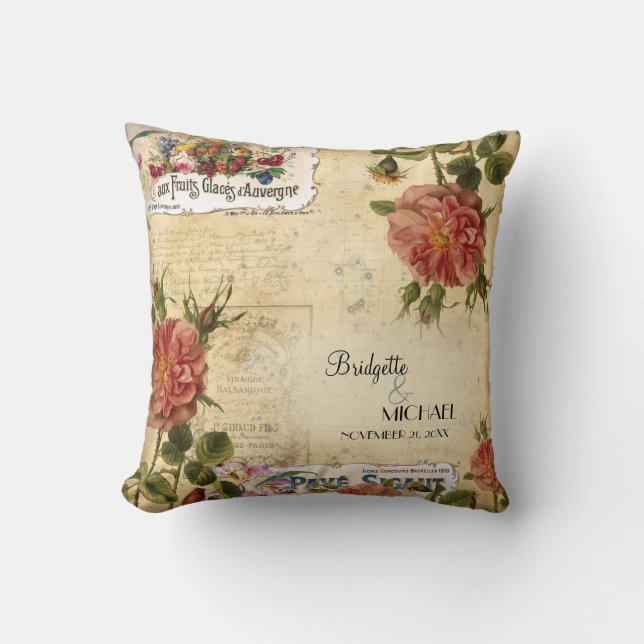 Vintage Blommigt Ro Fruktetikett Bröllop Anpassnin Kudde (Framsida)