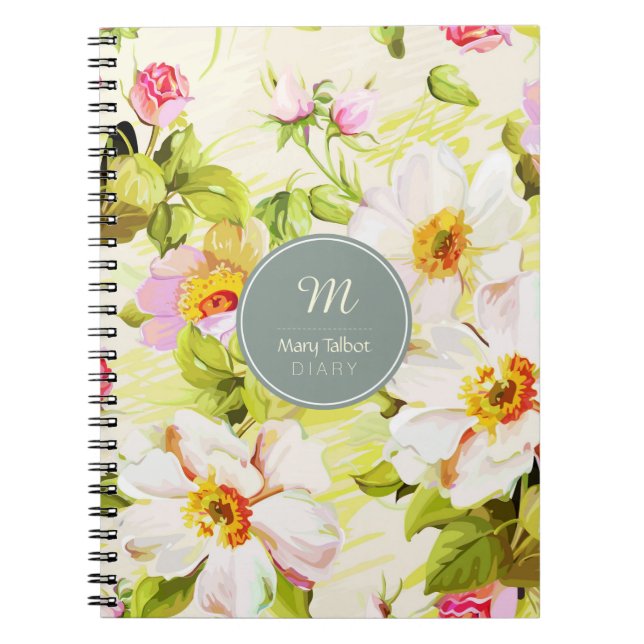 Vintage Blommigt Ro Peonies Monogram Diary NoteB Anteckningsbok (Framsidan)