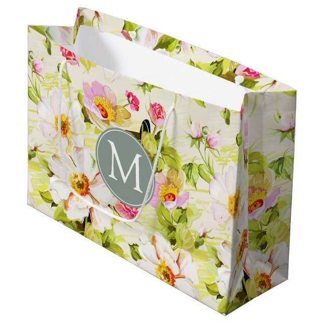 Vintage Blommigt Ro Peonies Monogram L Gift Bag (Framsidan Vinklad)