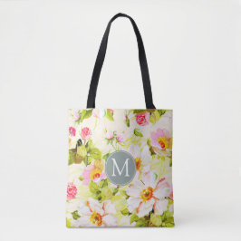 Vintage Blommigt Ro Peonies Monogram Tote Bag Tygkasse
