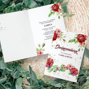 Vintage Blommigt Ro Red Rosa och Guld Quinceanera Inbjudan