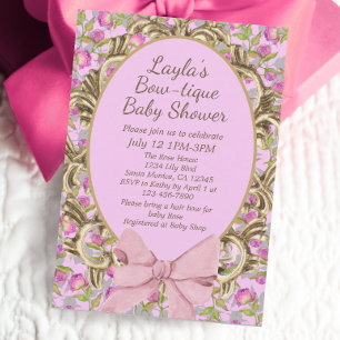 Vintage Blommigt Rosa Bow Boutique Flicka Shower Inbjudningar