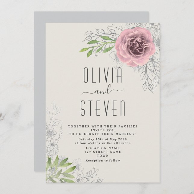 Vintage Blommigt Rosa bröllopsinbjudan Inbjudningar (Fram/baksida)