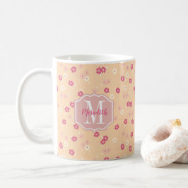 Vintage Blommigt Rosa Coral Daisys Monogram Kaffemugg