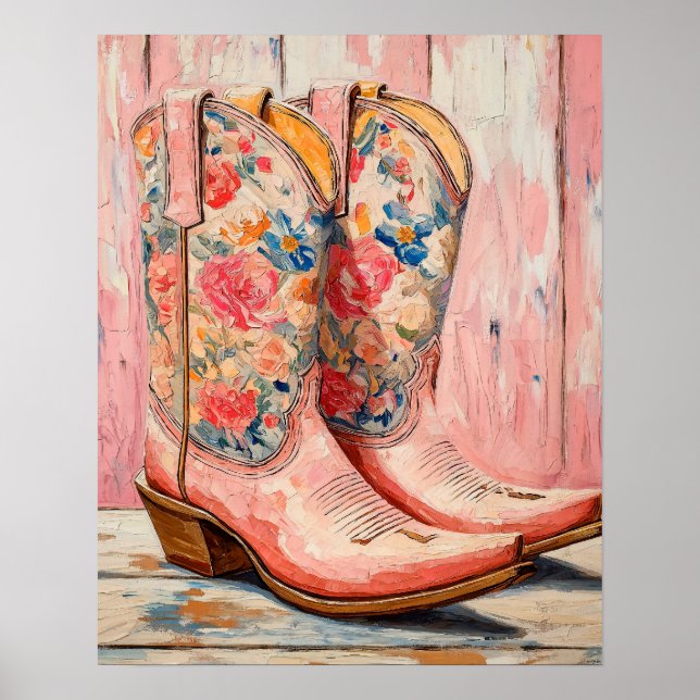 Vintage Blommigt Rosa Cowgirl Boots Western Poster (Framsidan)