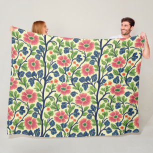 Vintage Blommigt Rosa Flowers Lush Grönt Foliage Fleecefilt