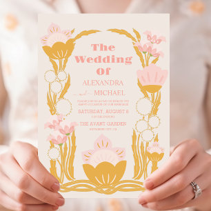 Vintage Blommigt Rosa Guld Art nouveau Bröllop Inbjudningar