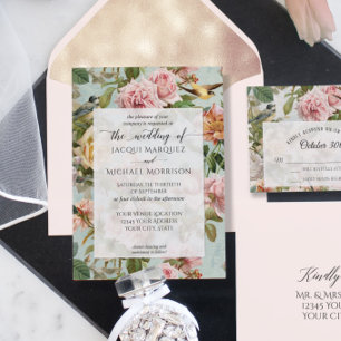 Vintage Blommigt Rosa Gult Botaniska fåglar I Inbjudningar