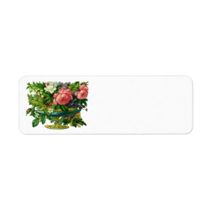 Vintage Blommigt Rosa ros, Vas of Flowers Returadress Etikett