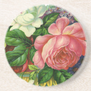 Vintage Blommigt Rosa ros, Vas of Flowers Underlägg Sandsten