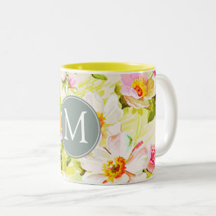 Vintage Blommigt Rosor Peonies Monogram Mugg