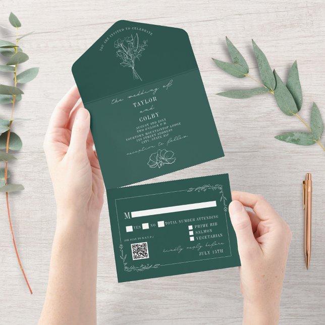Vintage Blommigt Rustic Emerald Bröllop QR Code Al (Skapare uppladdad)