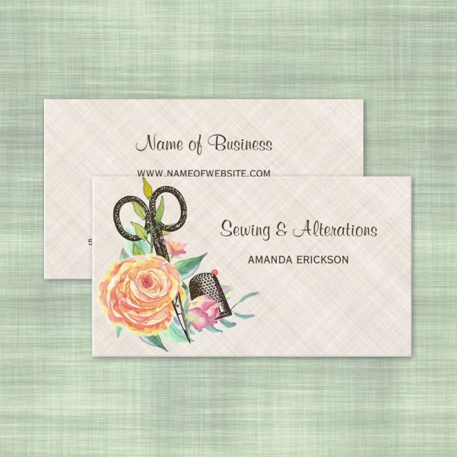 Vintage Blommigt Seamstress Sissar och Thimble Visitkort (Vintage Floral Seamstress Scissors and Thimble Business Cards)