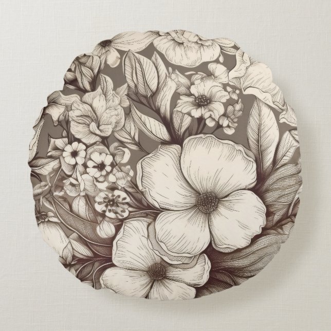 Vintage Blommigt Sepia Mönster (10) Rund Kudde (Framsidan)
