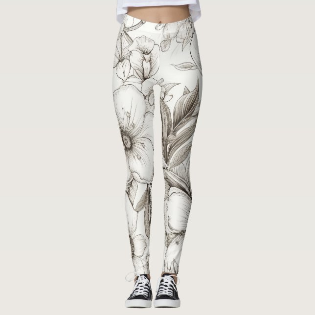 Vintage Blommigt Sepia Mönster (11) Leggings (Framsida)