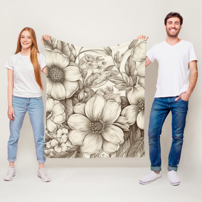 Vintage Blommigt Sepia Mönster (13) Fleecefilt (På plats)