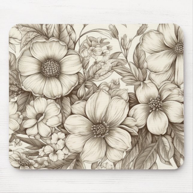 Vintage Blommigt Sepia Mönster (13) Musmatta (Framsidan)