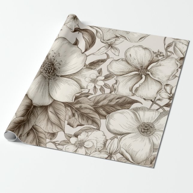 Vintage Blommigt Sepia Mönster (14) Presentpapper (Utrullad)